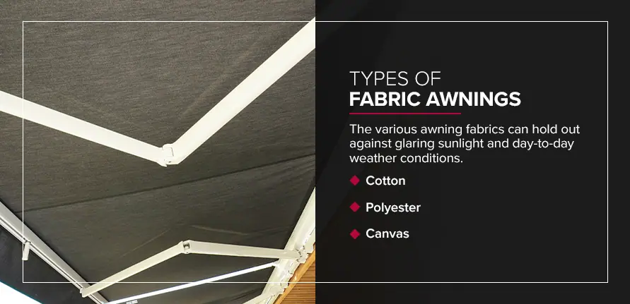 Types of Fabric Awnings. The various awning fabrics can hold out against glaring sunlight and day-to-day weather conditions. 