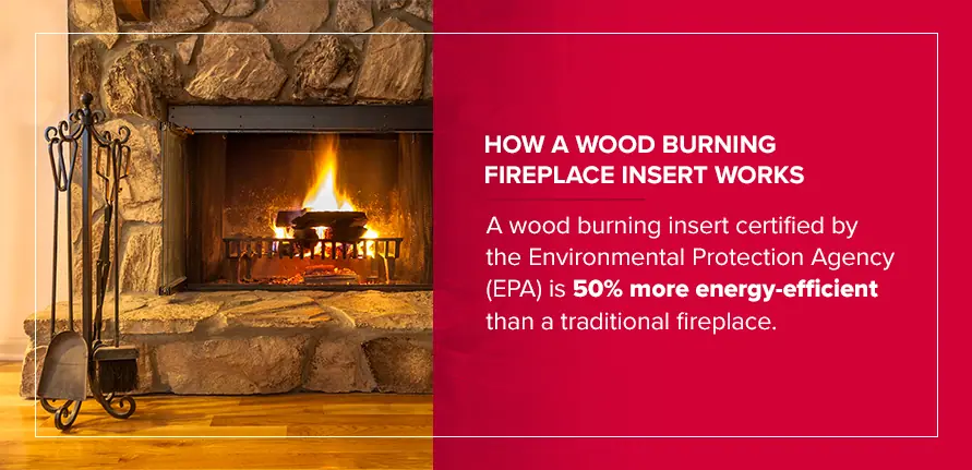 How Does a Wood Burning Fireplace Insert Work? A wood burning insert certified by the Environmental Protection Agency (EPA) is 50% more energy-efficient than a traditional fireplace.
